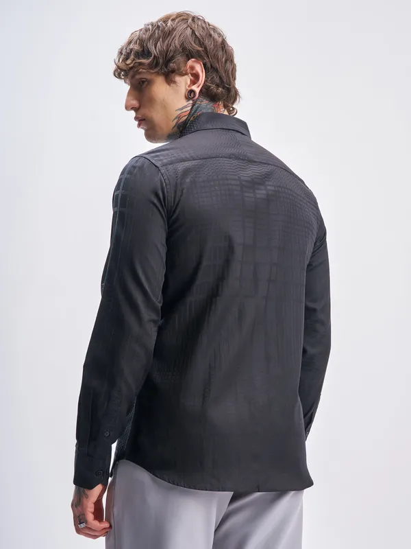 Highlander Men Black Self Design Slim Fit Casual Shirt