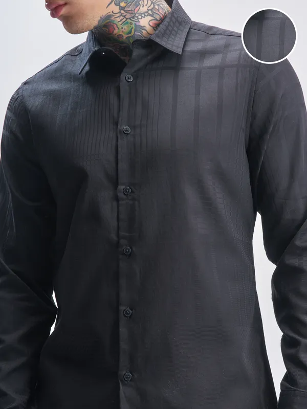 Highlander Men Black Self Design Slim Fit Casual Shirt