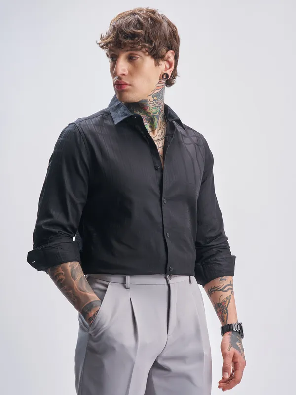 Highlander Men Black Self Design Slim Fit Casual Shirt