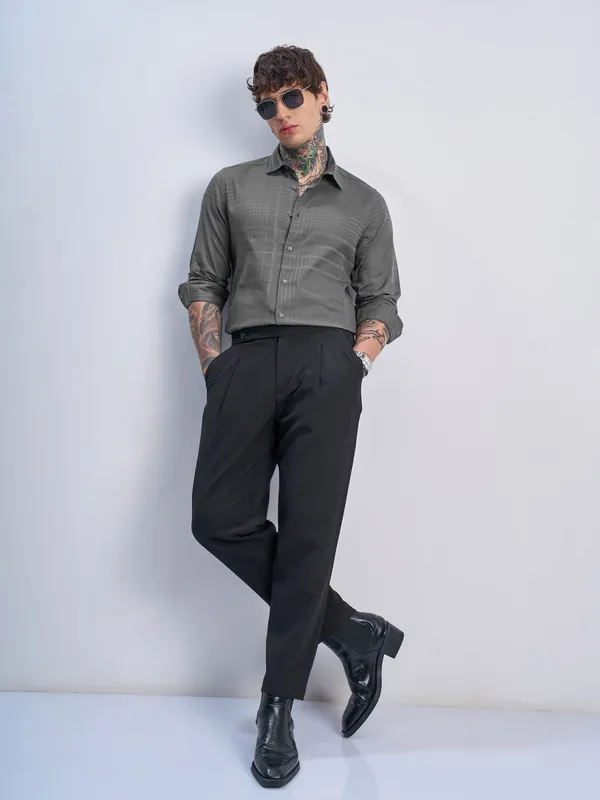 Highlander Men Grey Self Design Slim Fit Casual Shirt