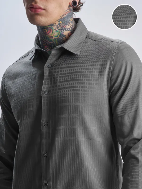 Highlander Men Grey Self Design Slim Fit Casual Shirt