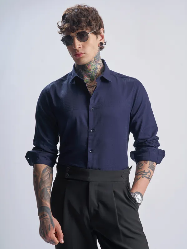 Highlander Men Navy Blue Self Design Slim Fit Casual Shirt