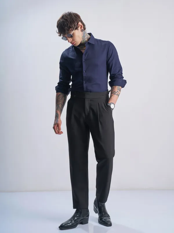 Highlander Men Navy Blue Self Design Slim Fit Casual Shirt