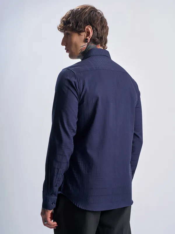 Highlander Men Navy Blue Self Design Slim Fit Casual Shirt