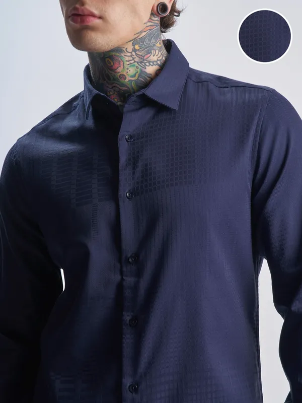Highlander Men Navy Blue Self Design Slim Fit Casual Shirt