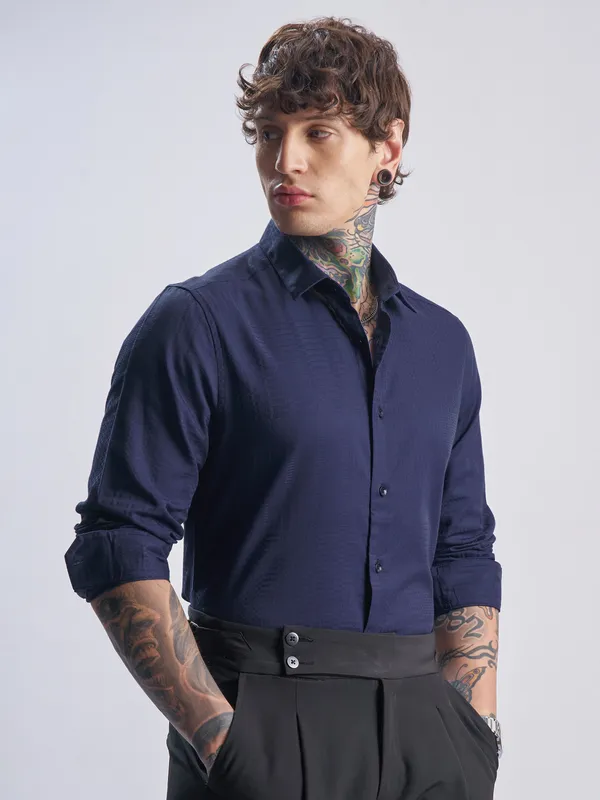 Highlander Men Navy Blue Self Design Slim Fit Casual Shirt