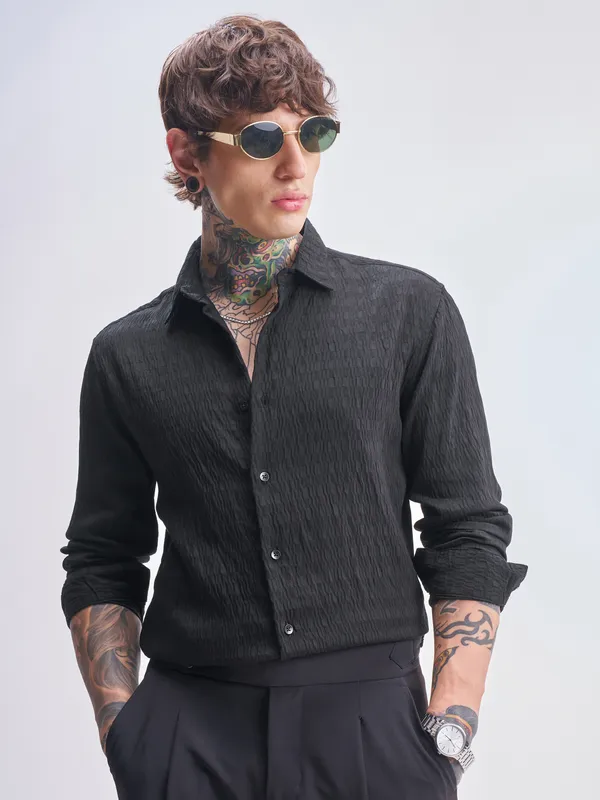Highlander Men Black Self Design Slim Fit Casual Shirt