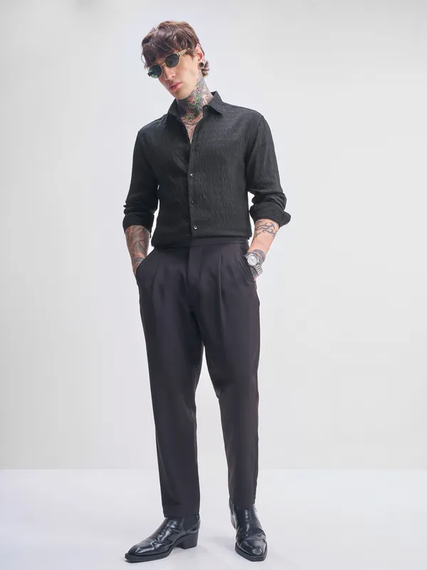 Highlander Men Black Self Design Slim Fit Casual Shirt