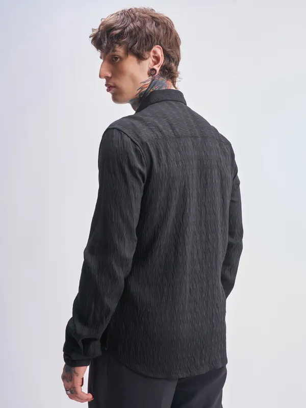 Highlander Men Black Self Design Slim Fit Casual Shirt
