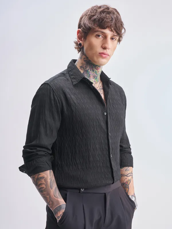 Highlander Men Black Self Design Slim Fit Casual Shirt