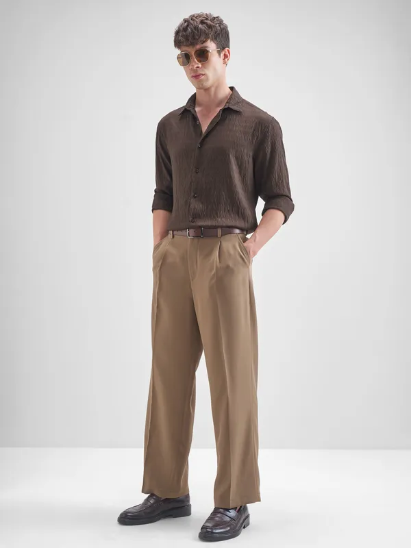 Highlander Men Brown Self Design Slim Fit Casual Shirt