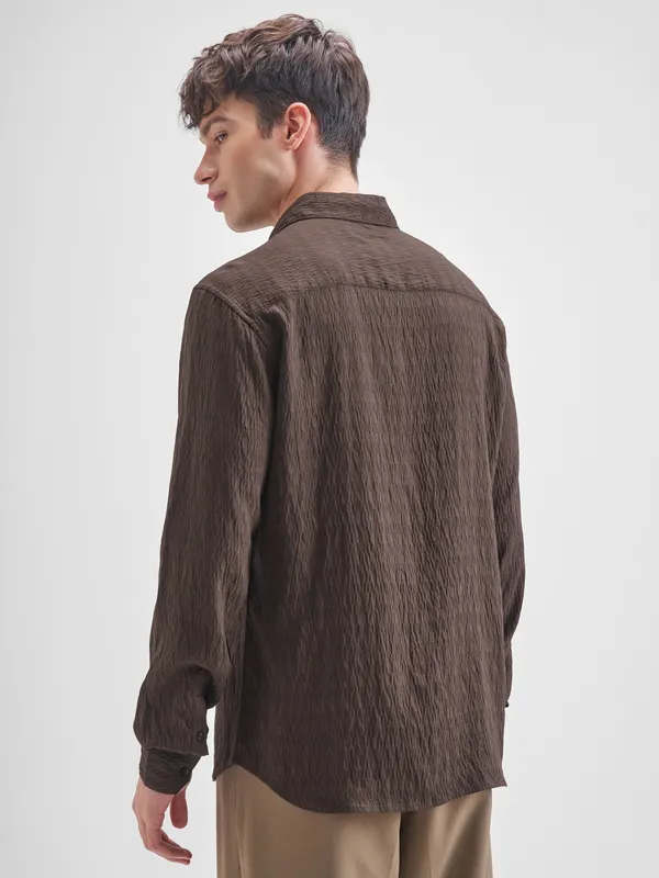 Highlander Men Brown Self Design Slim Fit Casual Shirt