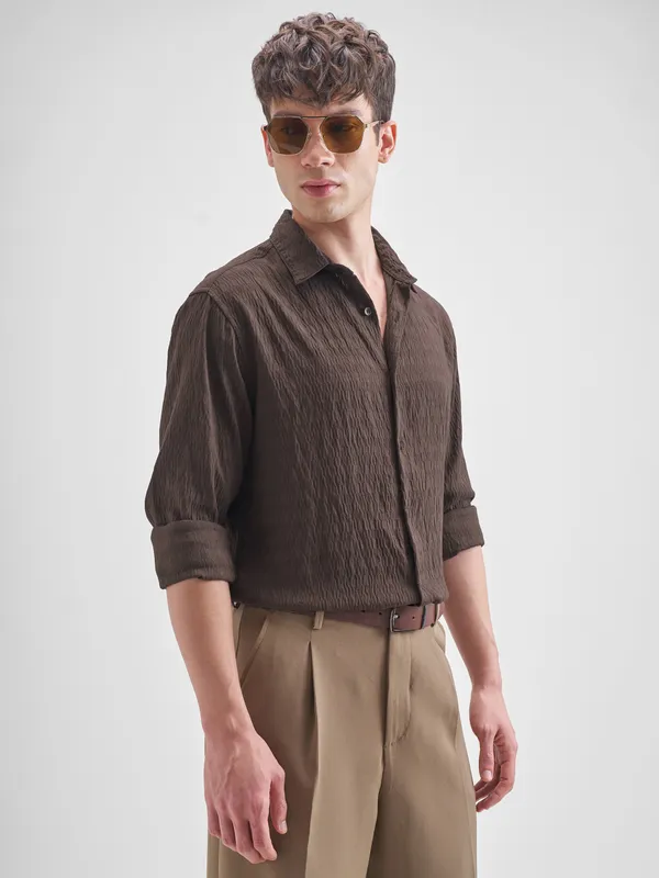 Highlander Men Brown Self Design Slim Fit Casual Shirt