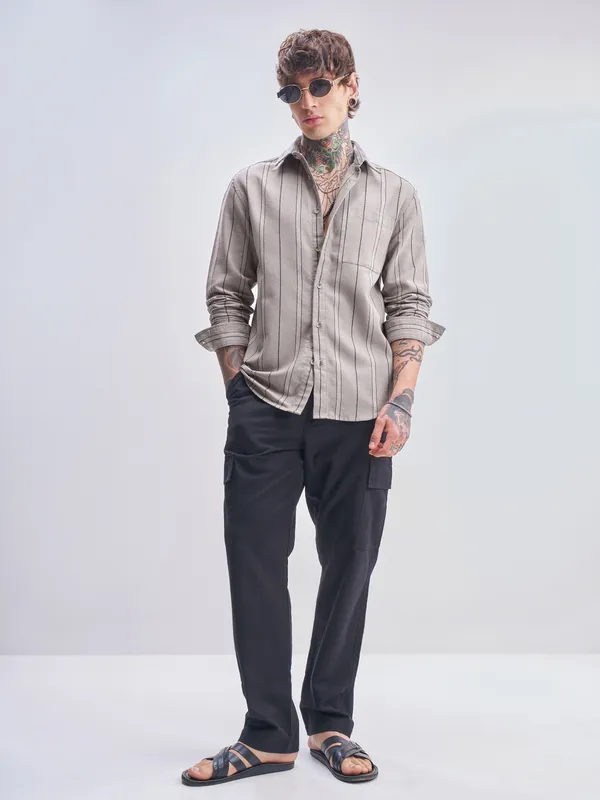 Highlander Men Tan Striped Relaxed Fit Casual Shirt