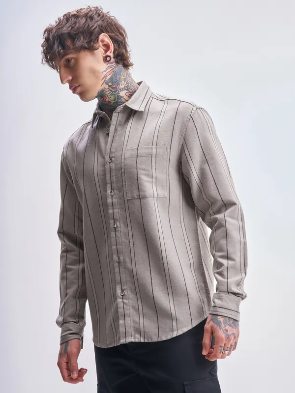 Highlander Men Tan Striped Relaxed Fit Casual Shirt