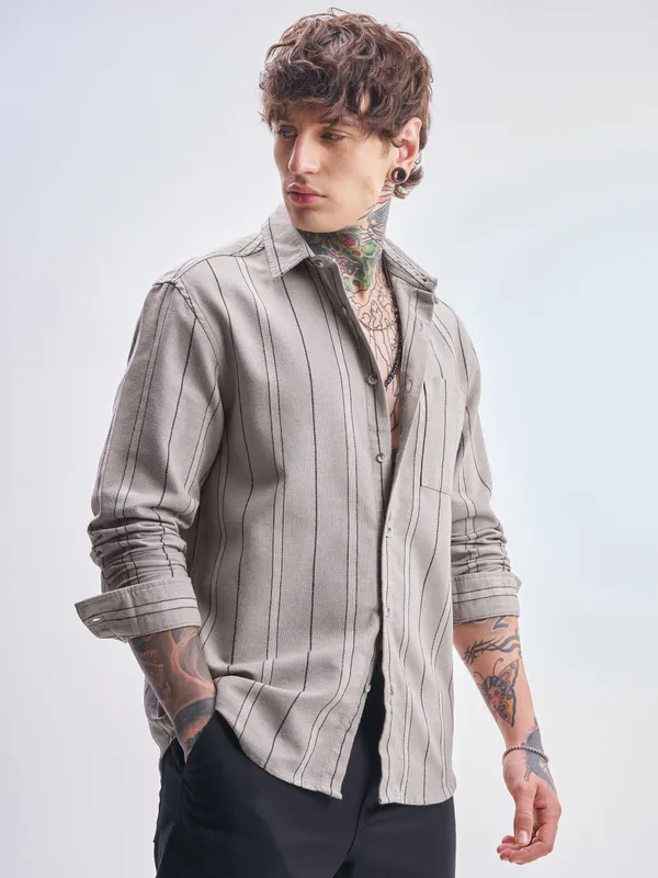 Highlander Men Tan Striped Relaxed Fit Casual Shirt