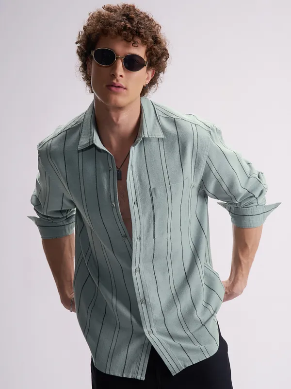 Highlander Men Green Striped Relaxed Fit Casual Shirt