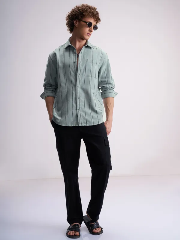 Highlander Men Green Striped Relaxed Fit Casual Shirt