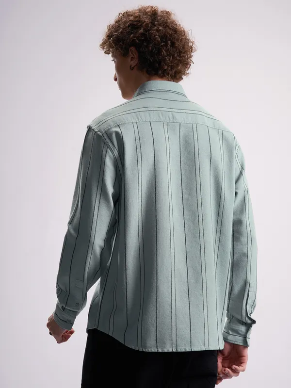 Highlander Men Green Striped Relaxed Fit Casual Shirt