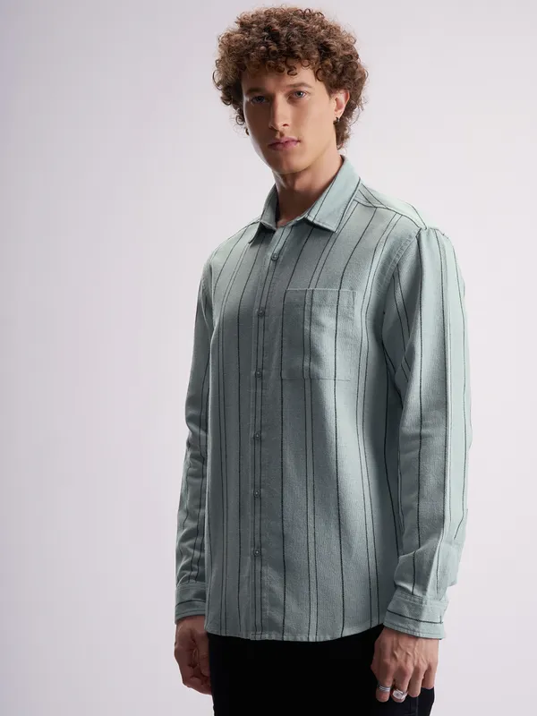 Highlander Men Green Striped Relaxed Fit Casual Shirt