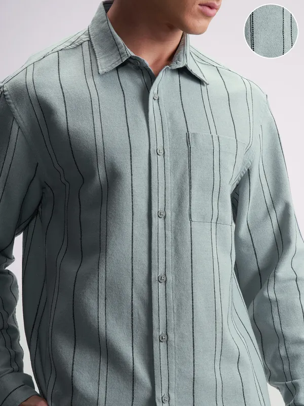 Highlander Men Green Striped Relaxed Fit Casual Shirt