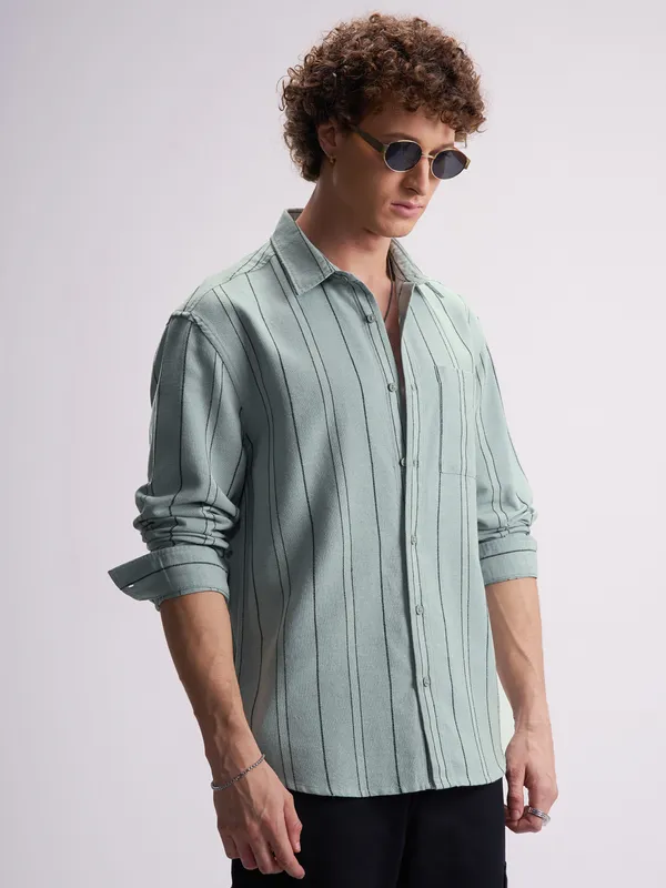 Highlander Men Green Striped Relaxed Fit Casual Shirt