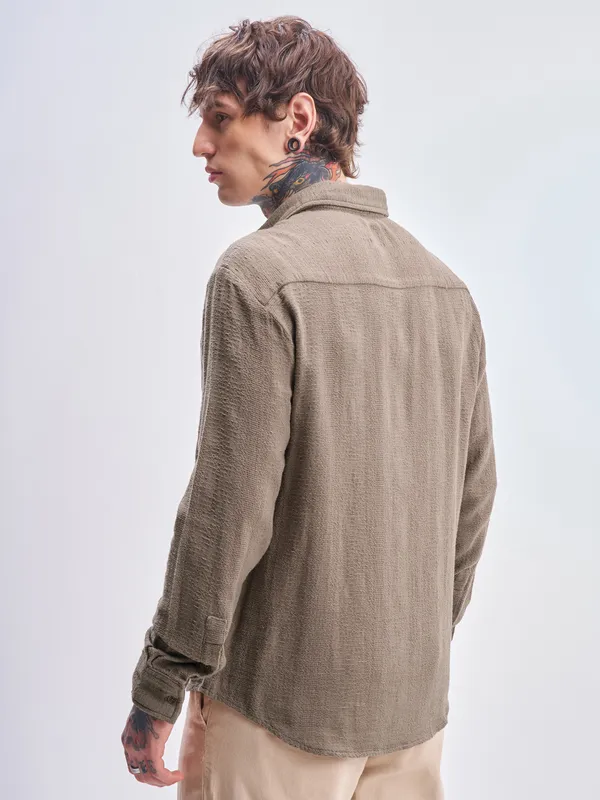 Highlander Men Tan Self Design Relaxed Fit Casual Shirt