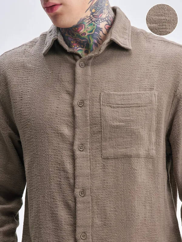 Highlander Men Tan Self Design Relaxed Fit Casual Shirt