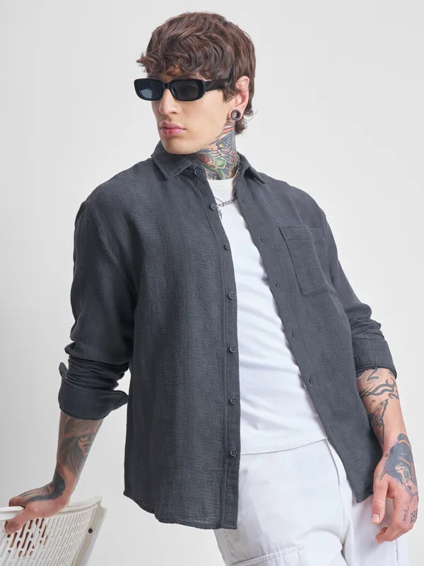 Highlander Men Grey Self Design Oversized Fit Casual Shirt