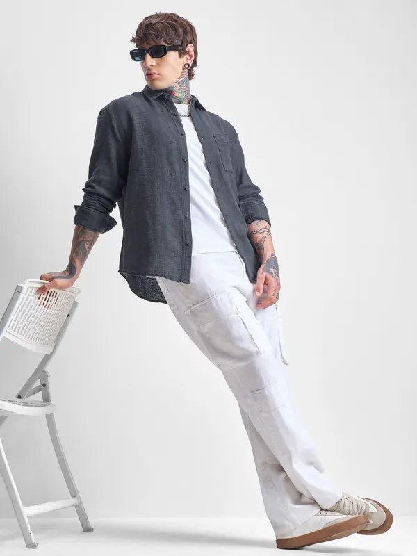 Highlander Men Grey Self Design Oversized Fit Casual Shirt