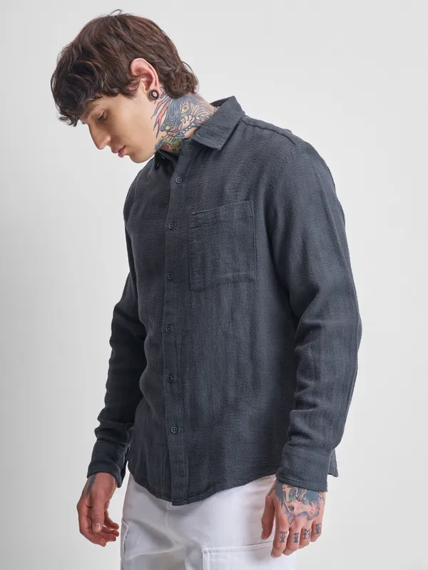 Highlander Men Grey Self Design Oversized Fit Casual Shirt