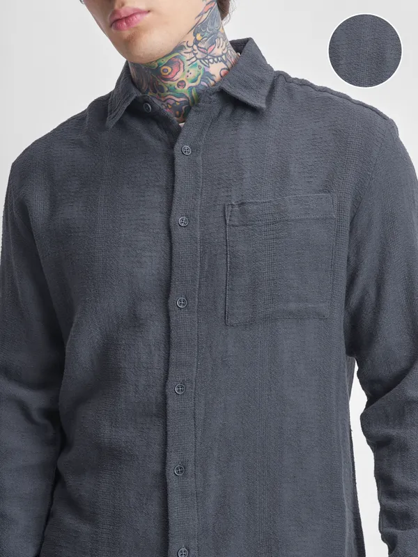 Highlander Men Grey Self Design Oversized Fit Casual Shirt