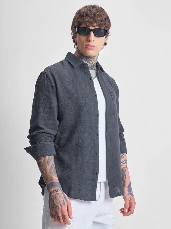 Highlander Men Grey Self Design Oversized Fit Casual Shirt