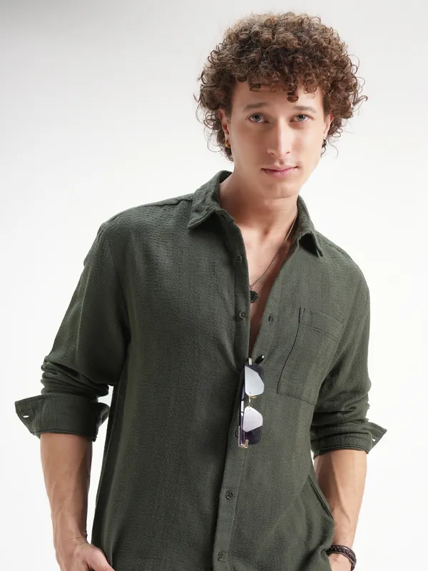 Highlander Men Olive Self Design Relaxed Fit Casual Shirt