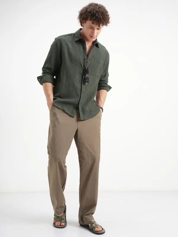 Highlander Men Olive Self Design Relaxed Fit Casual Shirt