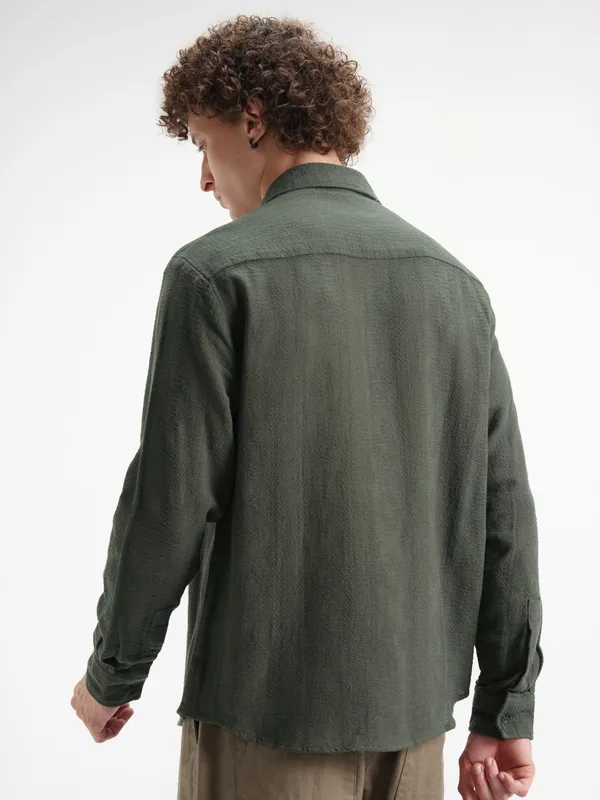 Highlander Men Olive Self Design Relaxed Fit Casual Shirt