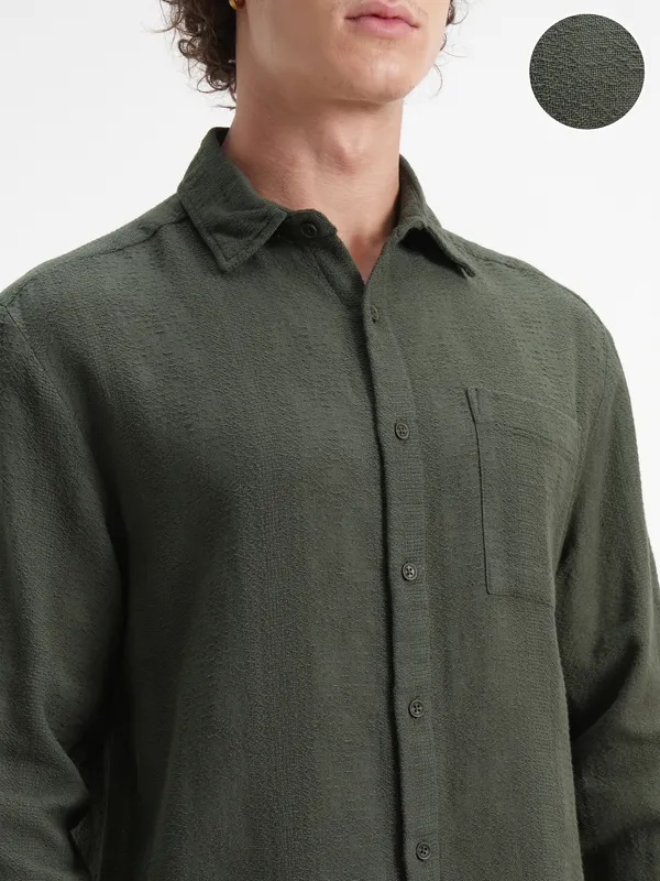 Highlander Men Olive Self Design Relaxed Fit Casual Shirt