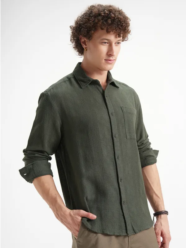 Highlander Men Olive Self Design Relaxed Fit Casual Shirt