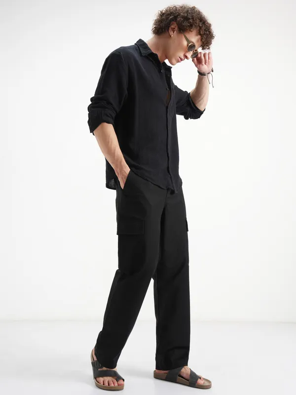 Highlander Men Black Self Design Relaxed Fit Casual Shirt