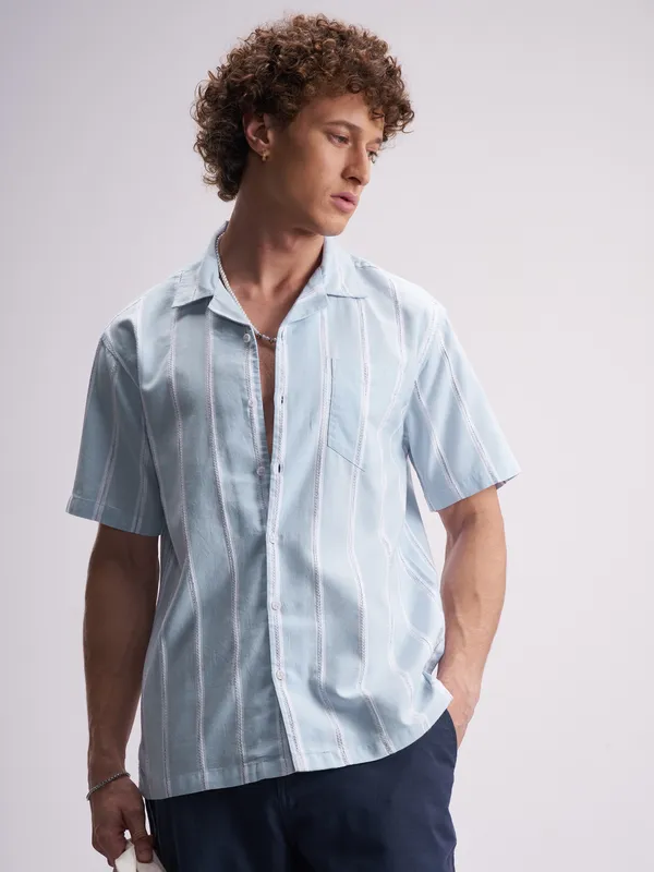 Highlander Men Blue Striped Relaxed Fit Casual Shirt