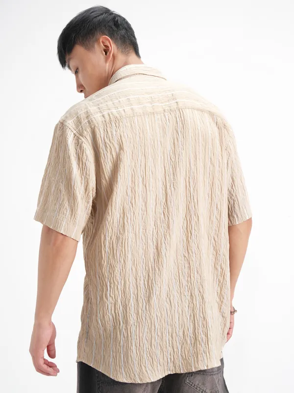 Highlander Men Beige Crushed Relaxed Fit Casual Shirt
