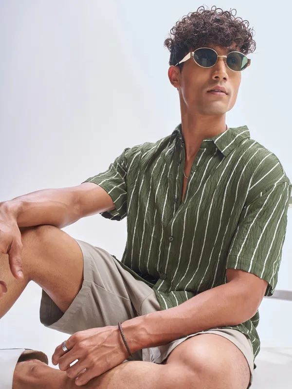 Highlander Men Olive Striped Relaxed Fit Casual Shirt