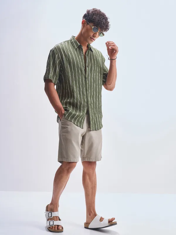 Highlander Men Olive Striped Relaxed Fit Casual Shirt