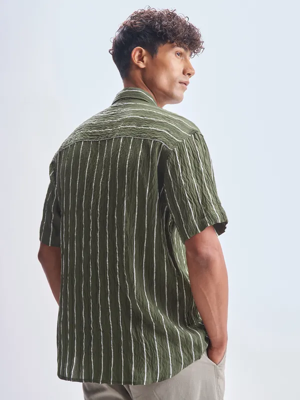 Highlander Men Olive Striped Relaxed Fit Casual Shirt