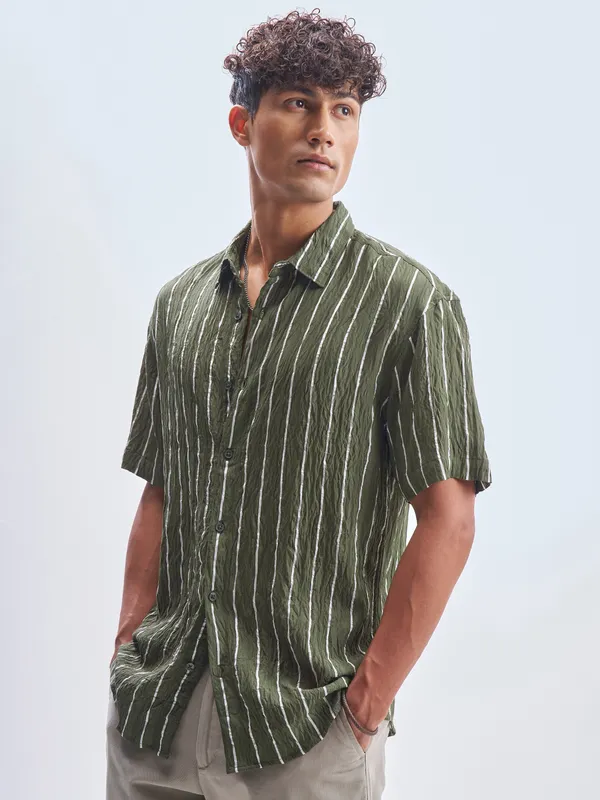Highlander Men Olive Striped Relaxed Fit Casual Shirt