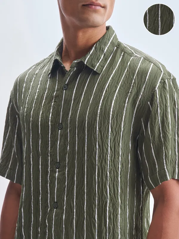 Highlander Men Olive Striped Relaxed Fit Casual Shirt