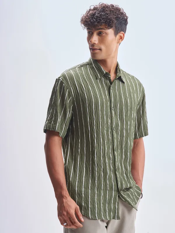 Highlander Men Olive Striped Relaxed Fit Casual Shirt