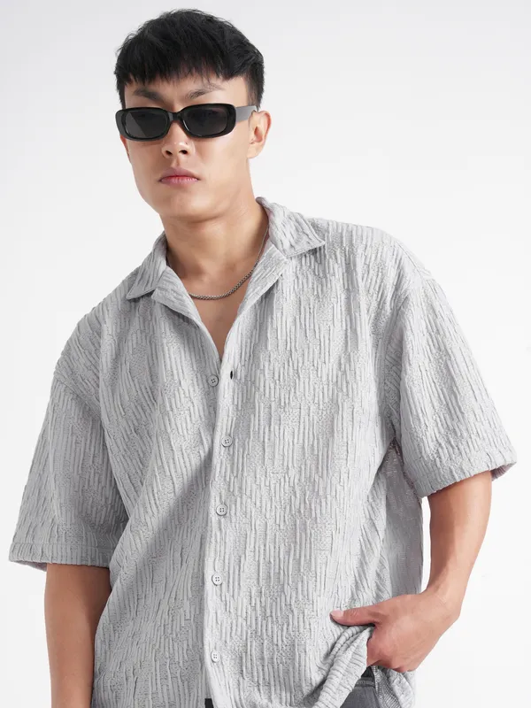 Highlander Men Grey Self Design Relaxed Fit Casual Shirt