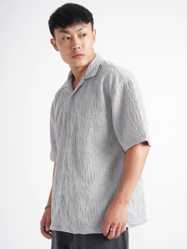 Highlander Men Grey Self Design Relaxed Fit Casual Shirt