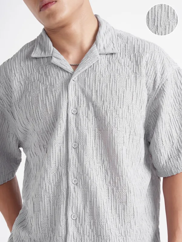 Highlander Men Grey Self Design Relaxed Fit Casual Shirt